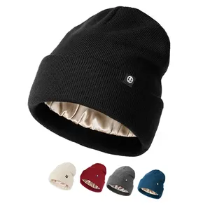 Fashion Custom Logo Winter Supplier Warm Knit Hat Manufacturing Solid Color Blank Satin Lined Beanie