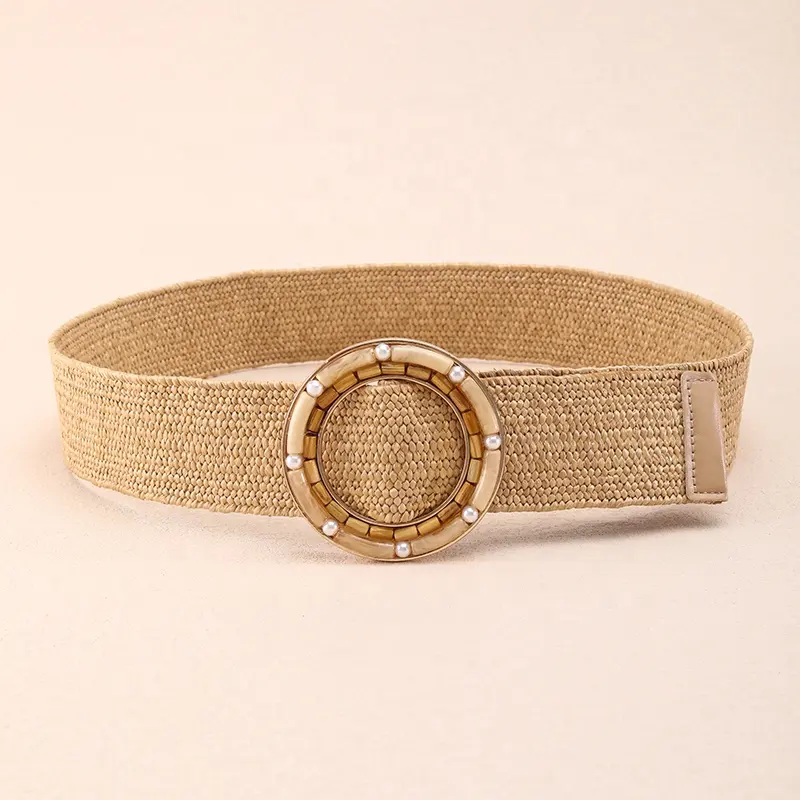 Wholesale Round Pearls Wood Grain Buckle Braided Ladies Elastic Waist Leather Belts Woman