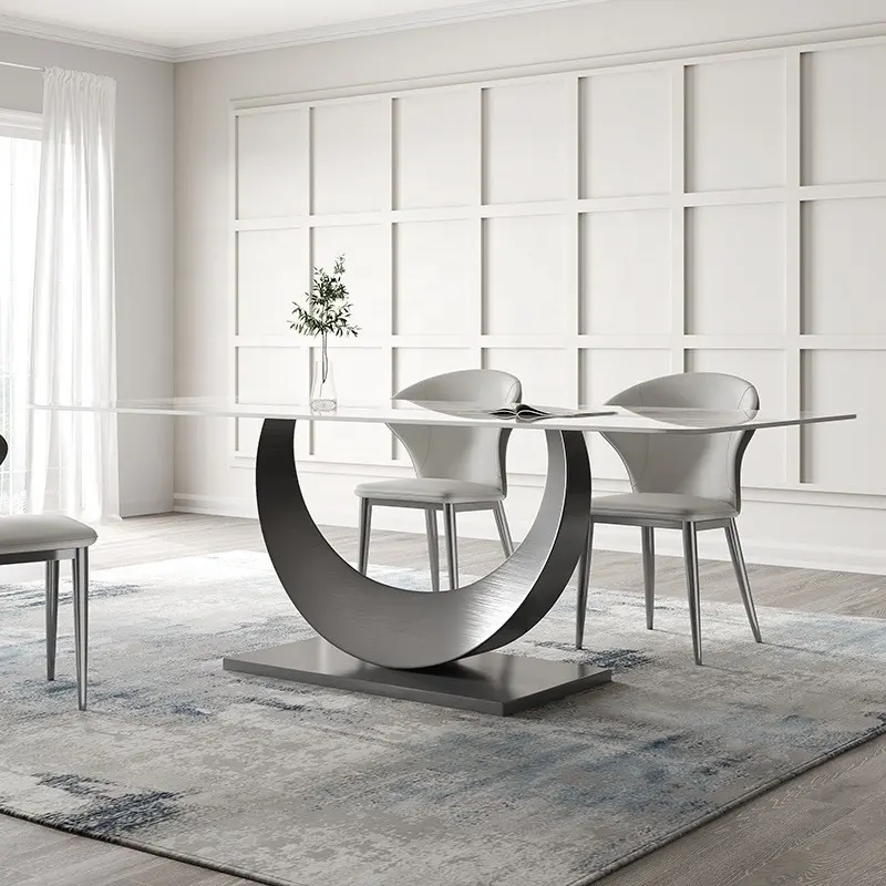 Mesa de comedor moderna de mármol y acero inoxidable, 6 sillas, juego de comedor de lujo