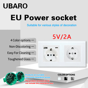 European Standard Double Socket 16A 250V With <b>Usb</b> Port 5V 2A For Mobile Charging Tempered Glass Panel - Product Image 3