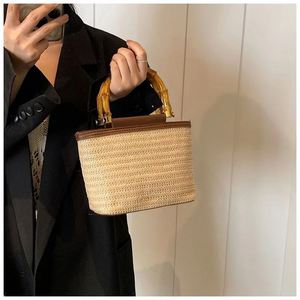 Sac fourre-tout en paille jacquard carré, en corde de coton, pour femme, style bambou, pour filles - Product Image 6