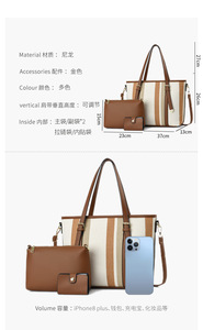 กระเป๋าถือลายทางผู้หญิงใบใหญ่  กระเป๋าสะพายไหล่ทรงสวยเรียบง่าย  ชุดกระเป๋าสามชิ้นสำหรับเดินทาง  จุของได้เยอะ - Product Image 2