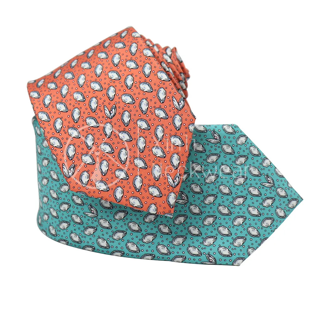 Wholesale Custom Orange Green Men Formal Ties Novelty Mini Gulf Oyster Shell Pearl Pattern Print Silk Tie