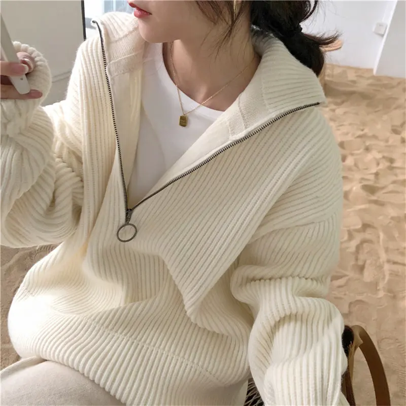 knitted of shoulder sweater top long sleeve jumpers autumn and winter women's jumper zip cardigan sweater