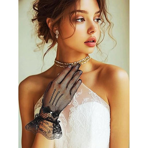 Gants en satin à nœud noir et <span class=keywords><strong>blanc</strong></span> en résille pour femmes pour les fêtes, les mariages, les bals, les soirées, les événements nuptiaux avec doigts - Product Image 2