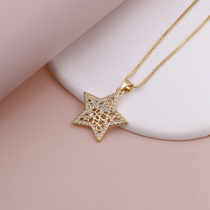 Collar <span class=keywords><strong>de</strong></span> cadena <span class=keywords><strong>de</strong></span> caja <span class=keywords><strong>de</strong></span> cinco puntas con diseño <span class=keywords><strong>de</strong></span> <span class=keywords><strong>estrella</strong></span> y encaje hueco, chapado en oro con circonitas engastadas, para regalo <span class=keywords><strong>de</strong></span> joyería <span class=keywords><strong>de</strong></span> espiritualidad moderna - Product Image 2