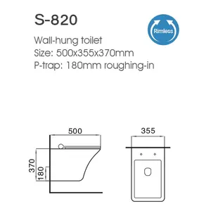 Bathroom WC Wall Mounted Toilet S-820 Standard Wall-hung Ceramic Rimless Toilet With Concealed Toilet Tank