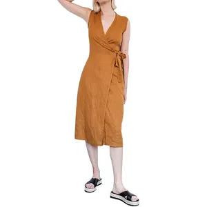 2024 Spring Summer New Casual Solid Color Sleeveless Midi V Neck Linen Wrap Pinafore Slim Fit Female Dresses