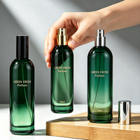 Flacon de parfum en verre vert de 50 ml, design rond épais haut de gamme, avec bouchon pompe transparent, emballage cosmétique rond.