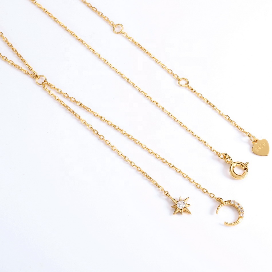 De moda de oro vermeil S925 lariat plata doble gota collar Luna y estrellas
