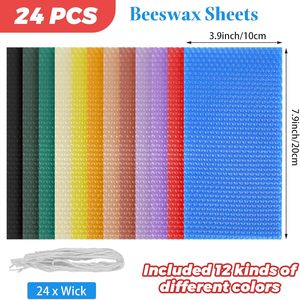 Feuilles de cire d'abeille rectangulaires faites à la main 4x8 pouces, kit de fabrication de bougies 24 pièces avec mèche en coton, 12 couleurs vives, artisanat DIY pour adultes - Product Image 2
