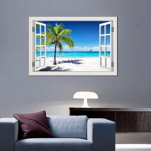 Pintura de Océano Azul, arte de pared, estilo de marco de ventana blanca con lienzo impreso de palmera para sala de estar, playa, decoración del hogar - Product Image 3