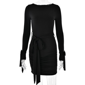 Robe de cocktail pour femme, style européen et américain, été 2025, col rond, manches longues, avec nœud papillon, plissée, coupe ajustée, jupe courte - Product Image 5