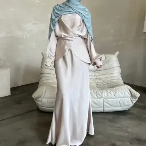 Groothandel Lange Mouwen Twee Stuks Maxi Rok Islamic Kleding Dubai Moslim Femme Satijn Effen Kleur Abaya Hoge Kwaliteit Dubai Jurk