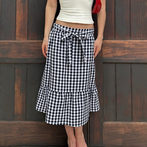 Women's Black <b>White</b> Gingham Check Midi Skirt Tiered Ruffle Hem <b>Wrap</b> Tie Waist A-Line Skirt Summer Casual Vintage Skirt 2026 - Product Image 1