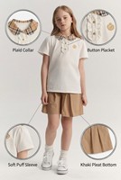 Ensemble uniforme scolaire personnalisé pour enfants, style britannique, chemise polo à col Peter Pan à carreaux, short plissé à volants