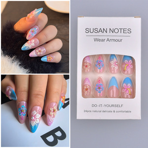 24 pièces de faux ongles en amande plaqués or transfrontaliers, sculpture florale 3D, style semi-fait main haut de gamme, doux et luxueux - Product Image 6