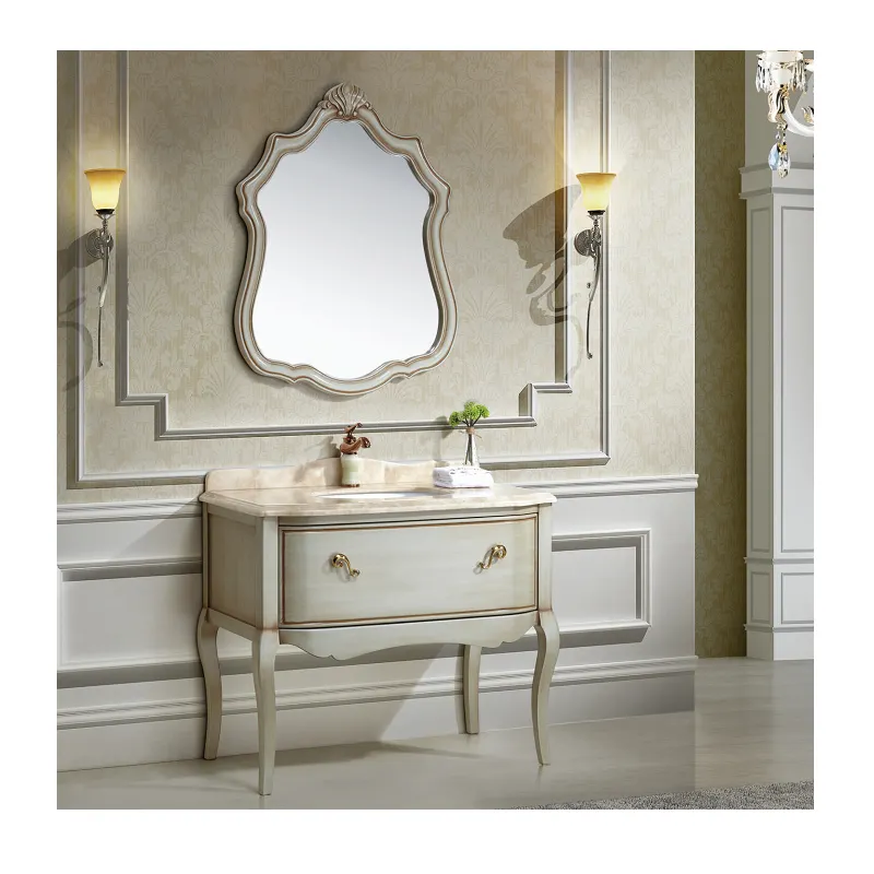 Antique Special Painting Beige Color Bathroom Furniture Set Nature Marble Top Single Sink Mirror Vanity Combo With Legs