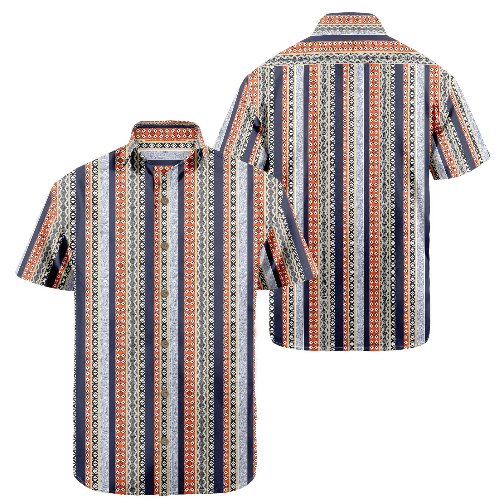 Etnik şerit tarzı erkek gömlek düğmesi havai gömleği Funky baskı kısa kollu Casual Beach yaz tatil elbisesi Up HW-OTH03