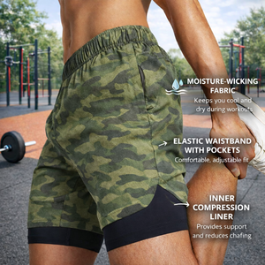 Oem Logo <b>Camo</b> Double Layer <b>Shorts</b> <b>Men</b> Sports Running <b>Shorts</b> Compression Quick Dry Workout <b>Men</b> Gym <b>Shorts</b> Custom Logo - Product Image 2