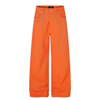 Pantalon Homme 100% Coton Toile Coupe Ample Jambe Large Orange Boutonné Oversize Hip Hop Décontracté Coupe-Vent Délavé à l'Acide Épais