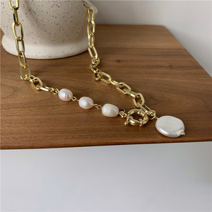 Collar <span class=keywords><strong>de</strong></span> <span class=keywords><strong>Perlas</strong></span> <span class=keywords><strong>de</strong></span> Agua Dulce con Cadena Gruesa <span class=keywords><strong>de</strong></span> Color Dorado Antiguo Europeo, Collar con Colgante <span class=keywords><strong>de</strong></span> <span class=keywords><strong>Perlas</strong></span> para Mujer - Product Image 4