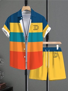 Ensemble 2 pièces d'été pour <span class=keywords><strong>homme</strong></span>, haut de gamme, imprimé 3D, à rayures, respirant, chemise à manches courtes et short, <span class=keywords><strong>tenue</strong></span> de plage - Product Image 2