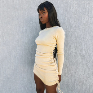 European American Sexy Women's Dress Long Sleeve Crew Neck Side Drawstring Solid Color One Piece Skirt Autumn Winter 2022 - Product Image 2