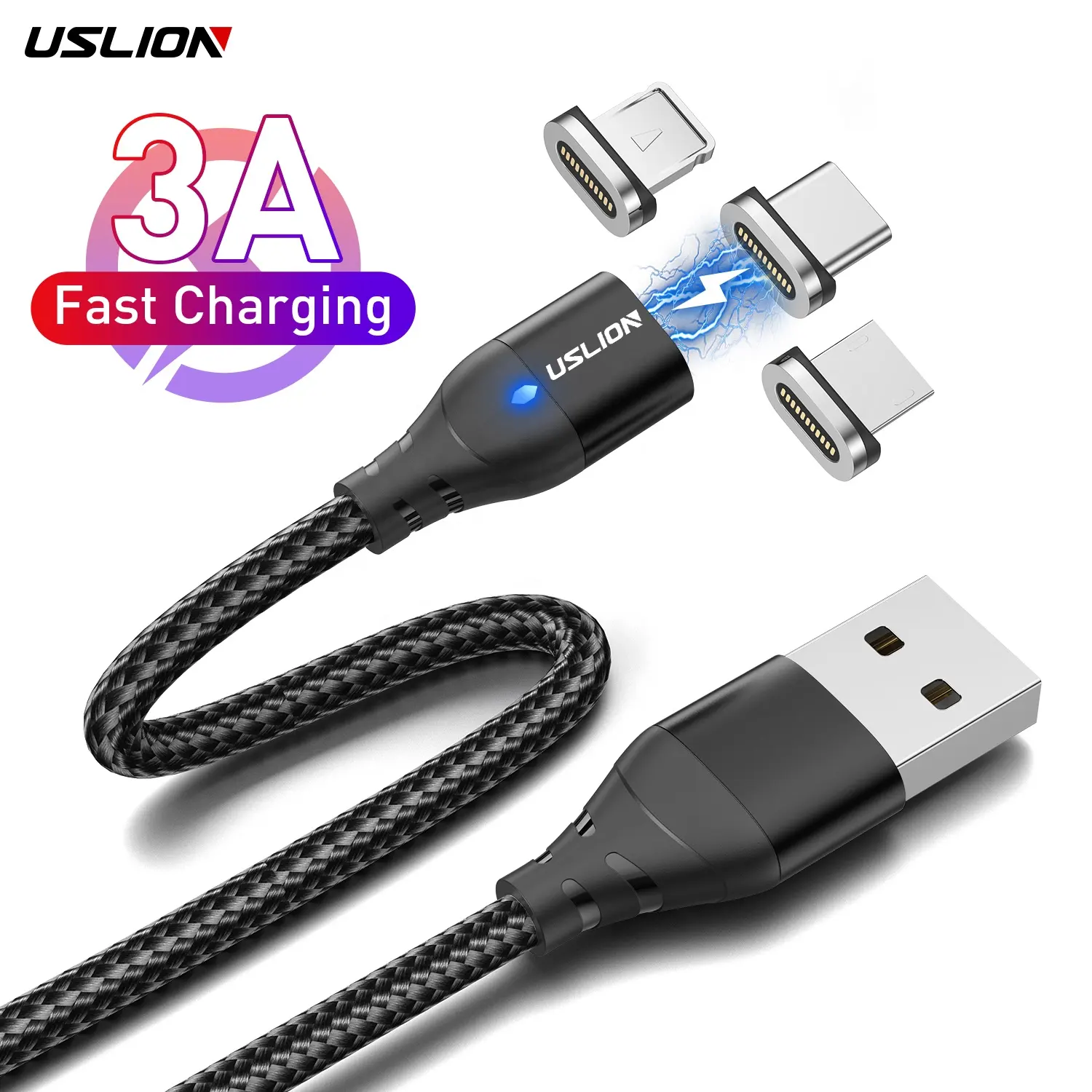 USLION 3A Magnetic Cable Micro USB Type-C Charging Data Cable Magnet Fast Charger For iPhone Samsung Xiaomi Huawei