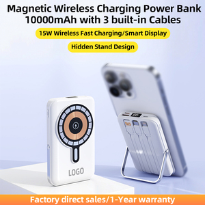 10000mAh Built in 3 Cables Mobile Phone Power Bank Digital Display Type C With Holder Magnetic <b>Wireless</b> Powerbank - Product Image 2