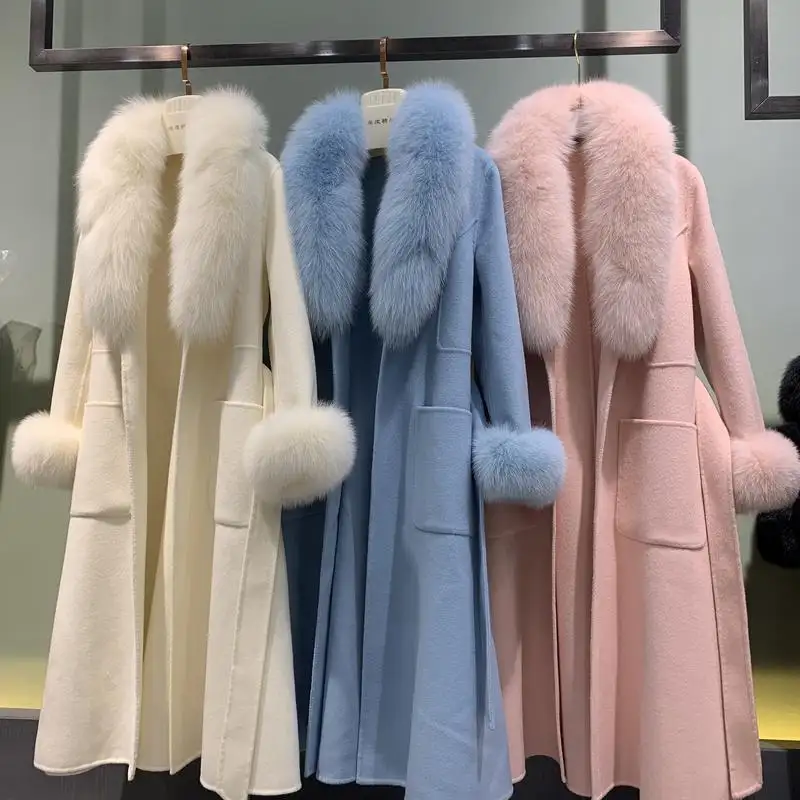 2022 Winter Genuine Cashmere Wool Belt Long Coat For Women's Real Fox Fur Collar Cuffs Luxury Outerwear Ladies Jackets