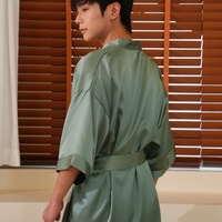 Peignoir en satin vert pour homme, léger, à manches longues, en soie, style kimono, vêtements de nuit