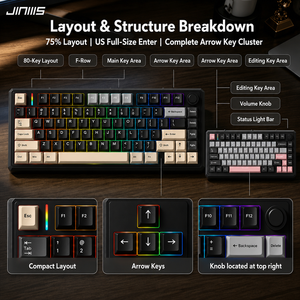Tastiera Meccanica <span class=keywords><strong>Gaming</strong></span> JINMS F75 Layout 75% con Manopola, Hot Swap, Gasket Mount, Retroilluminazione RGB, Tri-Mode Wireless, USB Type-C, OEM ODM, NKRO - Product Image 3