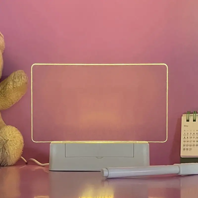 Tablero de mensajes de acrílico en blanco acrílico escritura libre 3D luz de noche tablero de mensajes led alimentado por USB con base de madera para decoración de habitación