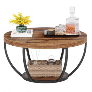 Double Tier Round Solid Wood <b>Coffee</b> <b>Table</b> with Multi-layer Storage Traditional Design Waterproof & Durable for Home/Office Use - Product Image 1