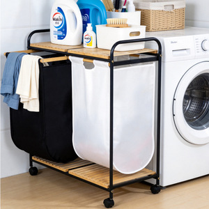 Double Bucket <b>Laundry</b> Cart With Fabric Compartments Wheeled Mobile Storage Rack For <b>Laundry</b> Room Clothing Organizer - Product Image 3