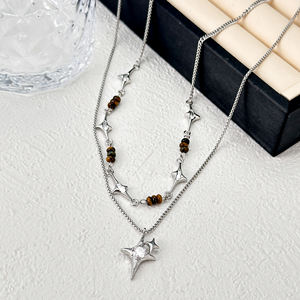 Collana oro platino bianco K rame ciondolo stella doppia catena bianco zircone diamante tigre pietra collana - Product Image 1