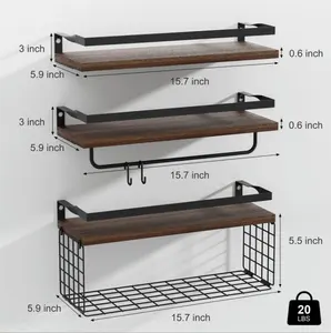 Rak mengambang dinding kayu pedesaan, desain logam praktis Ideal untuk kamar tidur kamar mandi dapur