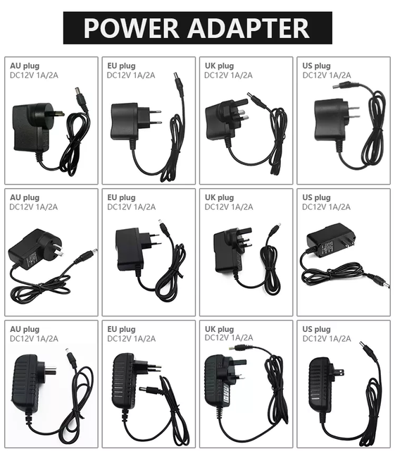 12V Power Adapter with US/EU Plug, 5.5*2.1mm Connector for Monitoring Cameras, Fans, and LCD Displays.