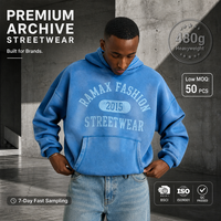 Sweat-shirt à capuche RAMAX personnalisé 480g épais bleu délavé pour homme, motif graphique High Street Archive, streetwear, vente en gros B2B