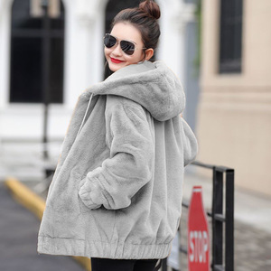 Women Fleece Hooded Jacket Gray Loose Fit Winter Coat With Pocket Warm Plus Size - Product Image 1