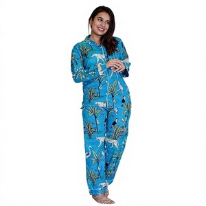 Women's 2-Piece Blue Floral <b>Print</b> Knitted Cotton Pajamas Long Sleeve Full Length Turn-Down Collar Casual Sleepwear - Product Image 1