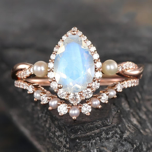 Rose Gold Plated Women's Engagement <b>Ring</b> With <b>Opal</b> Water Pear Cut Pave Setting Freshwater Pearl Romantic Style - Product Image 1