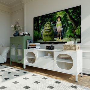Meuble TV moderne style crème, luxe minimaliste, portes en verre cannelé, meuble TV avec rangement, console multimédia pour salon - Product Image 1