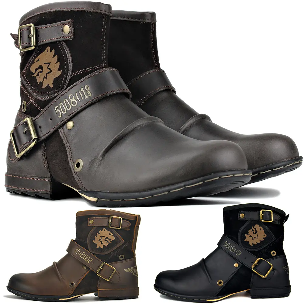 PDEP High quality round head vintage metal buckle side zipper men's Martin boots
