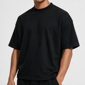 T-Shirt da <span class=keywords><strong>Uomo</strong></span> QIANSHI Nera Abbigliamento Maschile di Alta Qualità 100% Cotone con Spalle Scivolate Oversize e Taglio Corto - Product Image 1