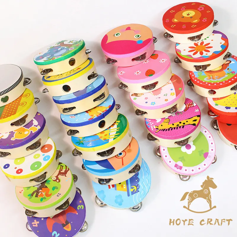 HOYE CRAFT Children's Wooden Cartoon Cute Tambourine Musical Baby Toys Musical Instruments
