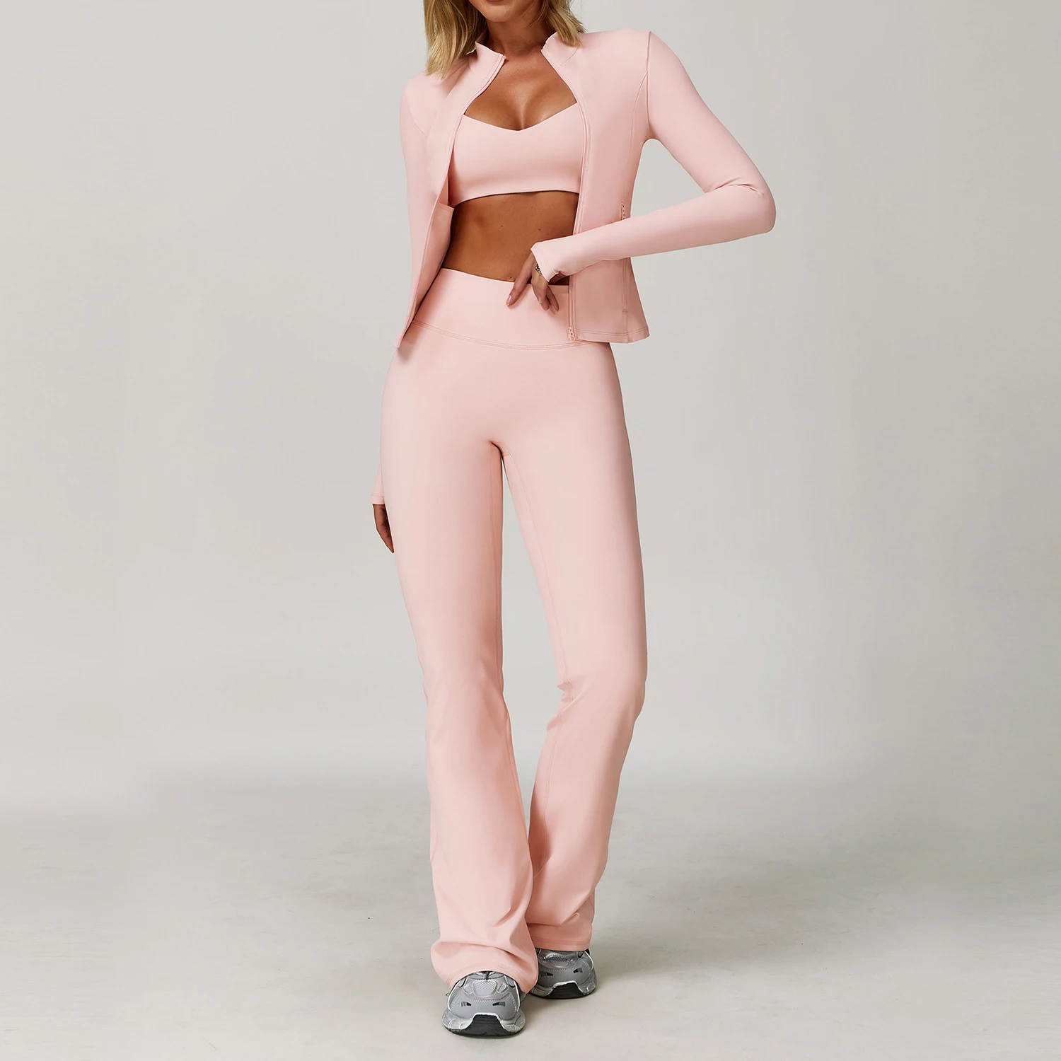 JY 3PCS Gym Set Women Yoga Bra Jacket High Waist Workout Scrunch Leggings Shorts Sports Suit 2 Pieces Yoga Set Fitness Clothes