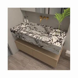 SHIHUI Custom Natural Stone Luxury Powder Room Modern Designs Calacatta Viola Monet Marble Bathroom Floating Sink Wash Basin