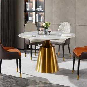 中式圆形餐桌奢华金色底座金色腿圆形大理石餐桌
